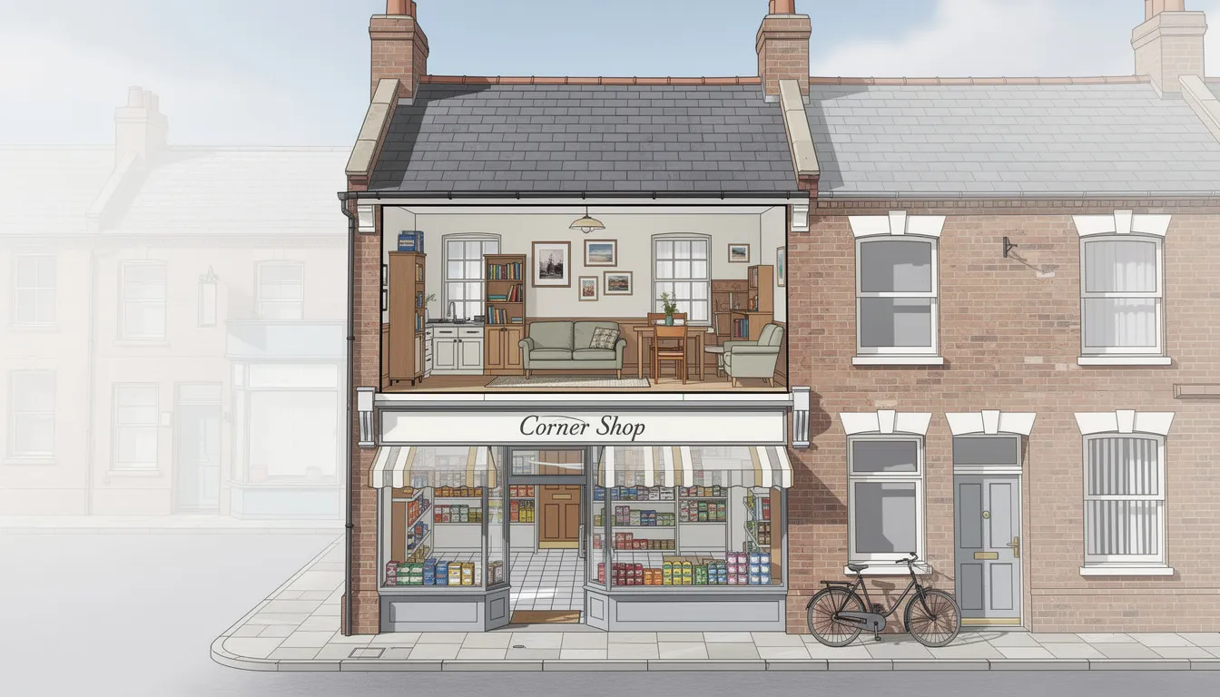 The image depicts a cross-section of a traditional British building, showcasing a shop on the ground floor and a residential flat above, representing a mixed-use property that combines both commercial and residential elements. This illustration highlights the concept of semi commercial property, where business owners can benefit from rental income while also having their living space above.