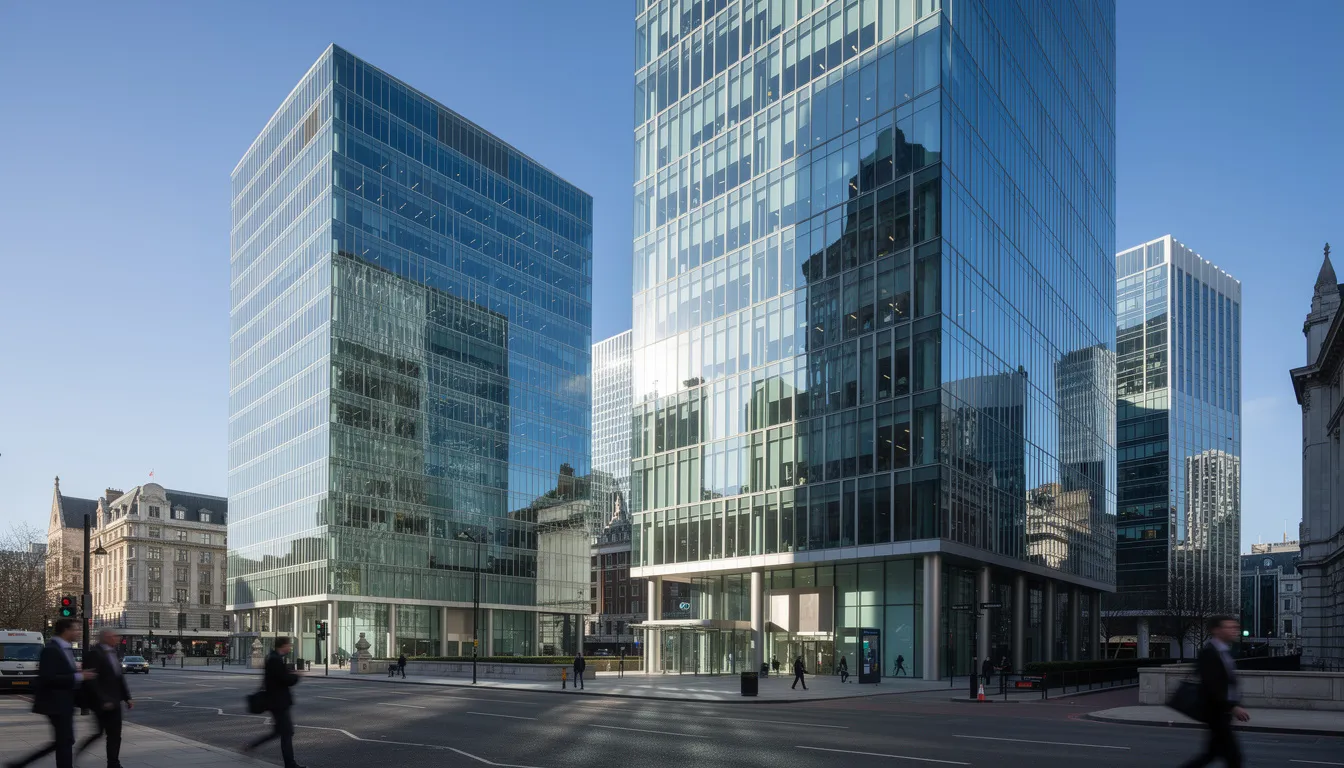 The image depicts modern glass office buildings in London's financial district, standing tall against a clear blue sky. These structures symbolize the dynamic business environment, housing various companies, including Morgan Stanley, which offers mortgage loans and financial services to clients and employees in the UK.