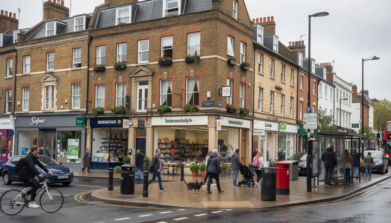 The image depicts a bustling UK high street featuring various retail shops at ground level, with residential flats situated above them. This scene illustrates the concept of flats above commercial premises, highlighting the blend of commercial property and residential living in urban settings.