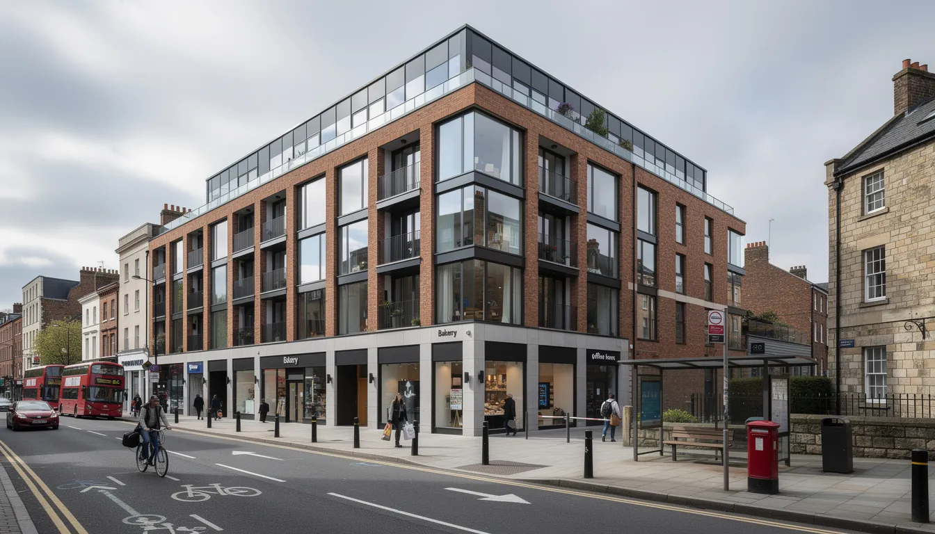 The image depicts a modern mixed-use building located on a bustling UK high street, featuring retail units at ground level and residential flats above, characterized by a stylish brick and glass facade typical of Bristol city centre. This type of commercial property is ideal for businesses seeking a prominent location while providing residential accommodation above, showcasing the blend of commercial and residential property uses.