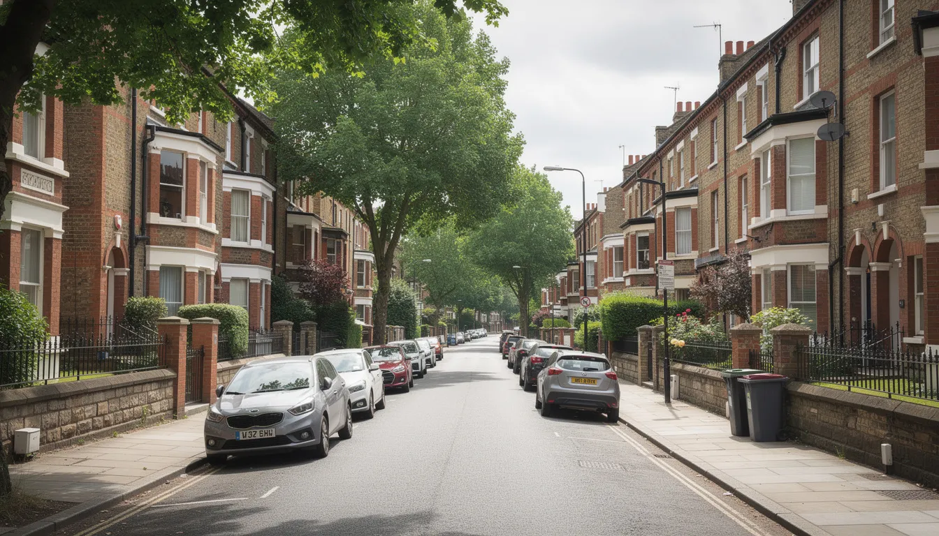 The image depicts a picturesque tree-lined residential street in the UK, featuring charming Victorian terraced houses alongside modern parked cars. This serene neighborhood is ideal for families and individuals looking to secure a bridging loan for property purchases or consolidating existing borrowing.