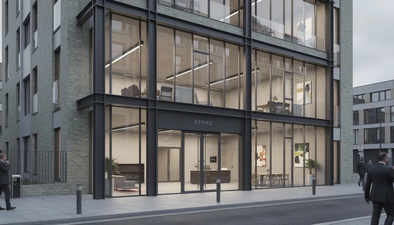 The image depicts a modern UK commercial property featuring a sleek glass frontage and contemporary industrial design, suitable for various business premises. This investment property could potentially be held within a self-invested personal pension (SIPP) or small self-administered scheme (SSAS), offering tax advantages and opportunities for generating rental income.