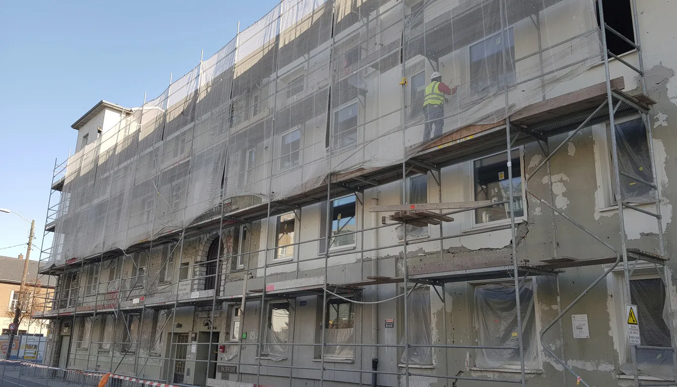 The image depicts scaffolding surrounding a building undergoing renovation on upper floors, indicating residential properties such as flats above commercial premises. This renovation attracts potential buyers and mortgage lenders interested in resale value and mortgage options.