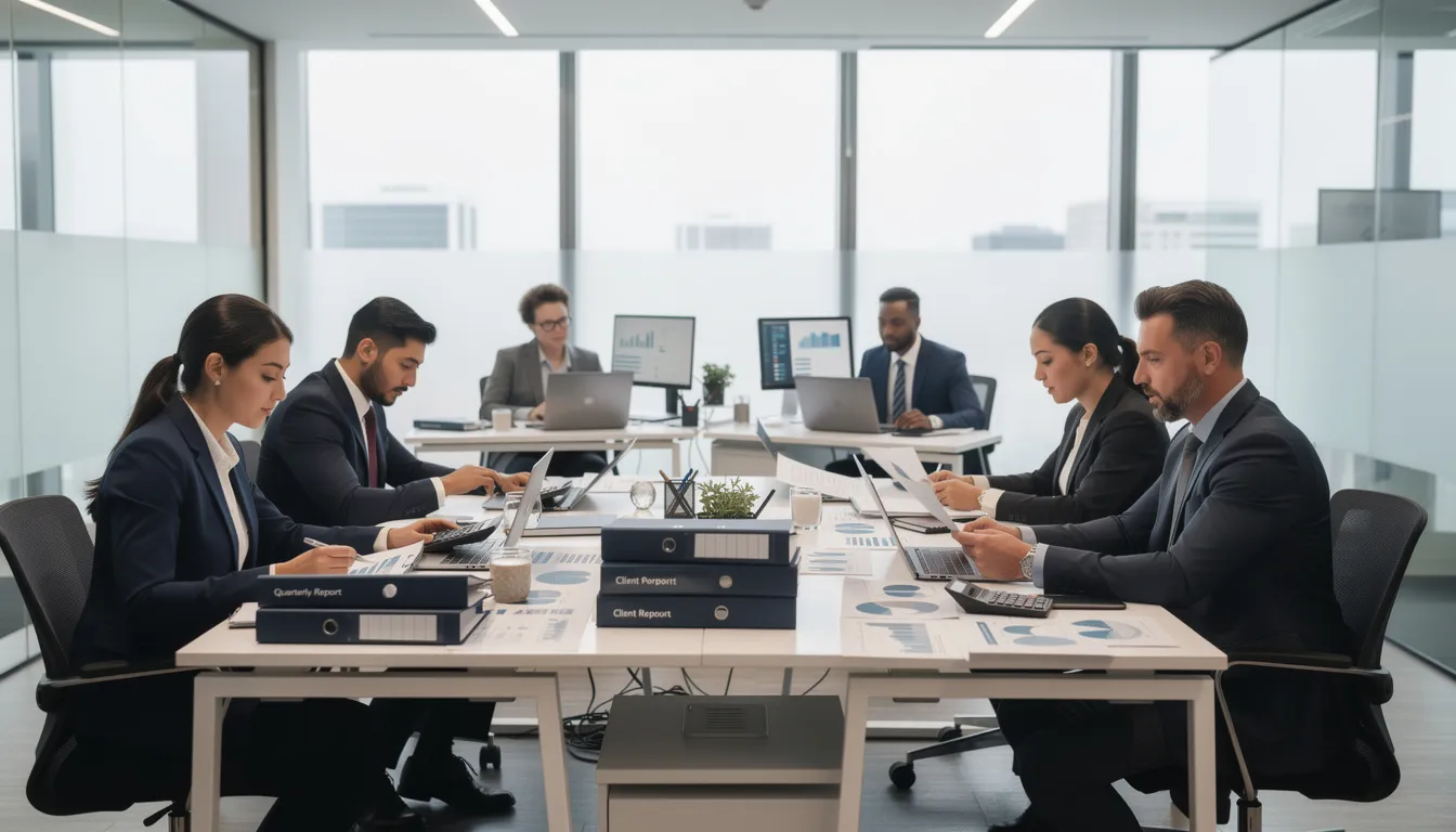 Professional financial advisers reviewing documents in an office setting, assisting clients with mortgage applications involving adverse credit histories.