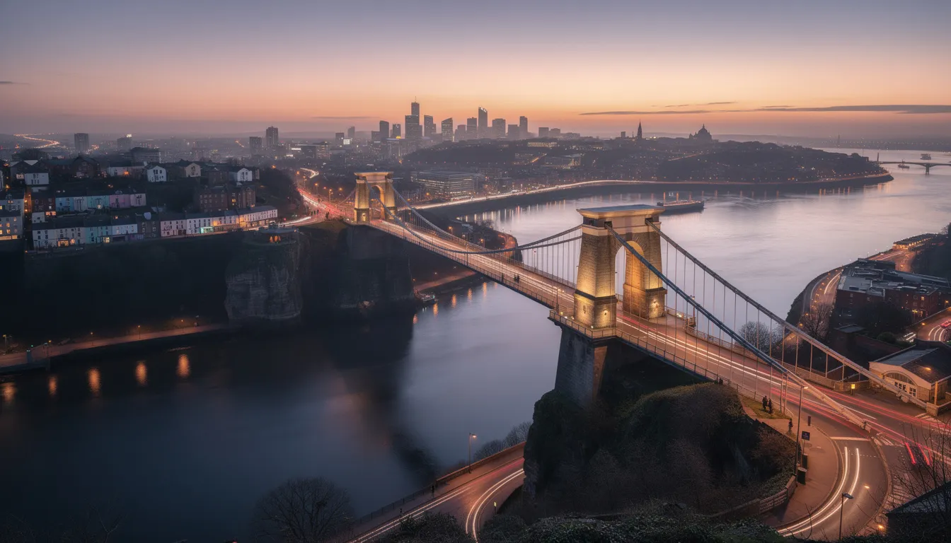 A stunning panoramic view of the Bristol skyline at dusk highlights the iconic Clifton Suspension Bridge gracefully spanning the Avon Gorge, surrounded by twinkling city lights. This picturesque scene captures the essence of Bristol's architectural beauty, making it an attractive location for property investors and those seeking bridging loans for time-sensitive property transactions.
