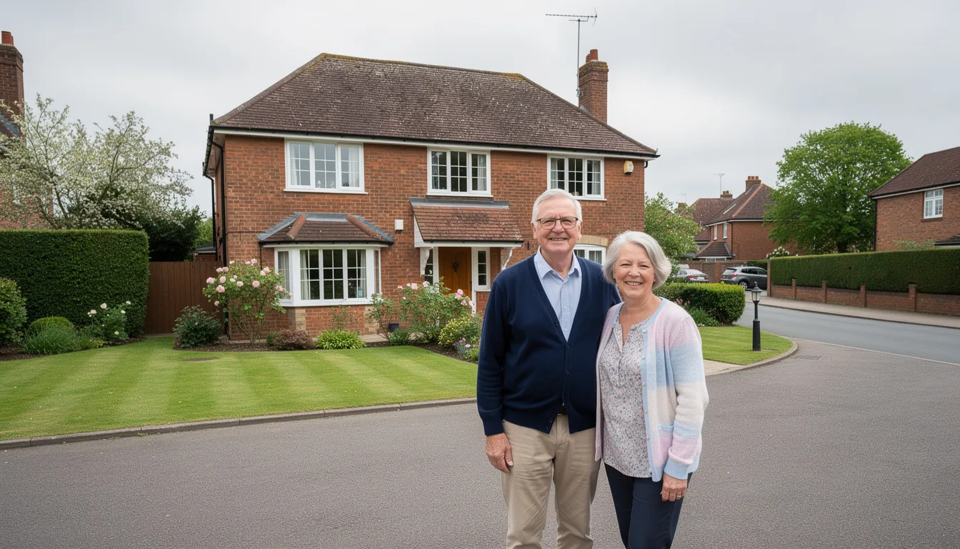 A retired couple stands outside their detached home in a leafy UK suburb, smiling and enjoying their golden years. This image reflects the potential benefits of equity release, such as unlocking cash from their property to support their lifestyle in later life.