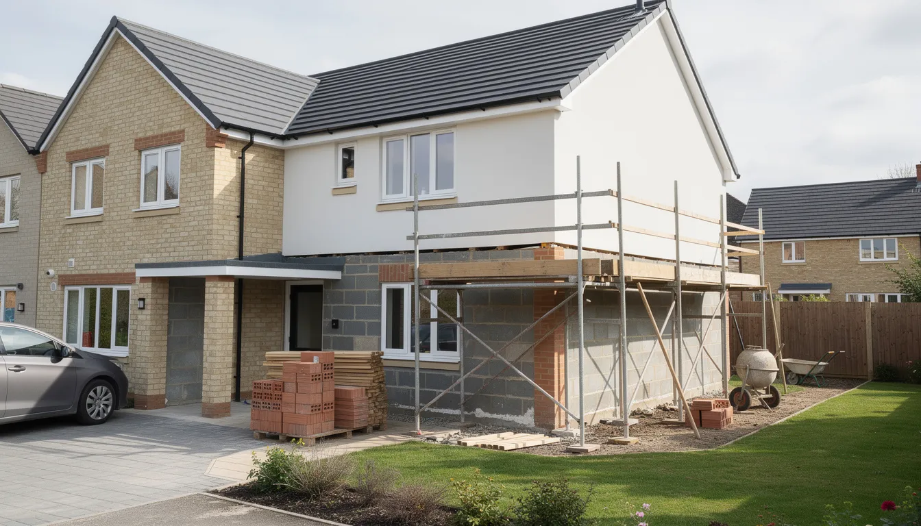 The image depicts a modern British semi-detached house with scaffolding surrounding a single-storey extension under construction at the rear, highlighting an ongoing house extension project. This visual represents the careful planning and financial considerations, such as existing mortgage rates and construction costs, that homeowners must assess when expanding their living space.