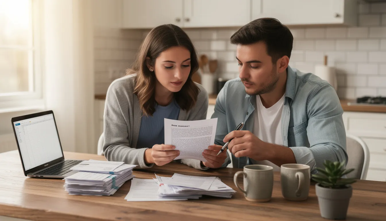 A young couple is sitting at a kitchen table, reviewing mortgage documents together, likely discussing their options for an NHS mortgage or key worker mortgage. The atmosphere is focused and supportive as they navigate the details of their mortgage application and potential deals available to NHS staff.