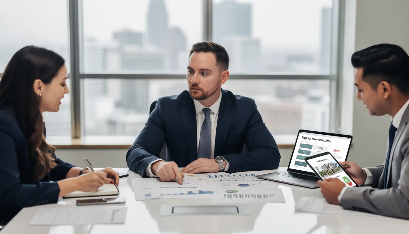 A professional mortgage broker is seated at a conference table with property investors, reviewing documents and financial plans related to property investment. They discuss tax implications, including corporation tax and mortgage interest, while exploring strategies for maximizing tax efficiency in their property portfolio.