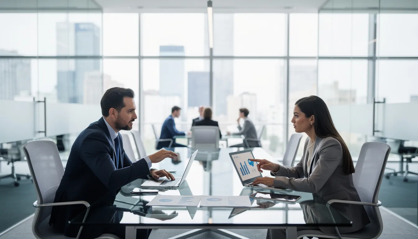 The image shows two professionals engaged in a business meeting within a modern office, surrounded by sleek furniture and large windows. This setting reflects a focus on commercial property discussions, potentially involving mortgage options for flats above commercial premises.