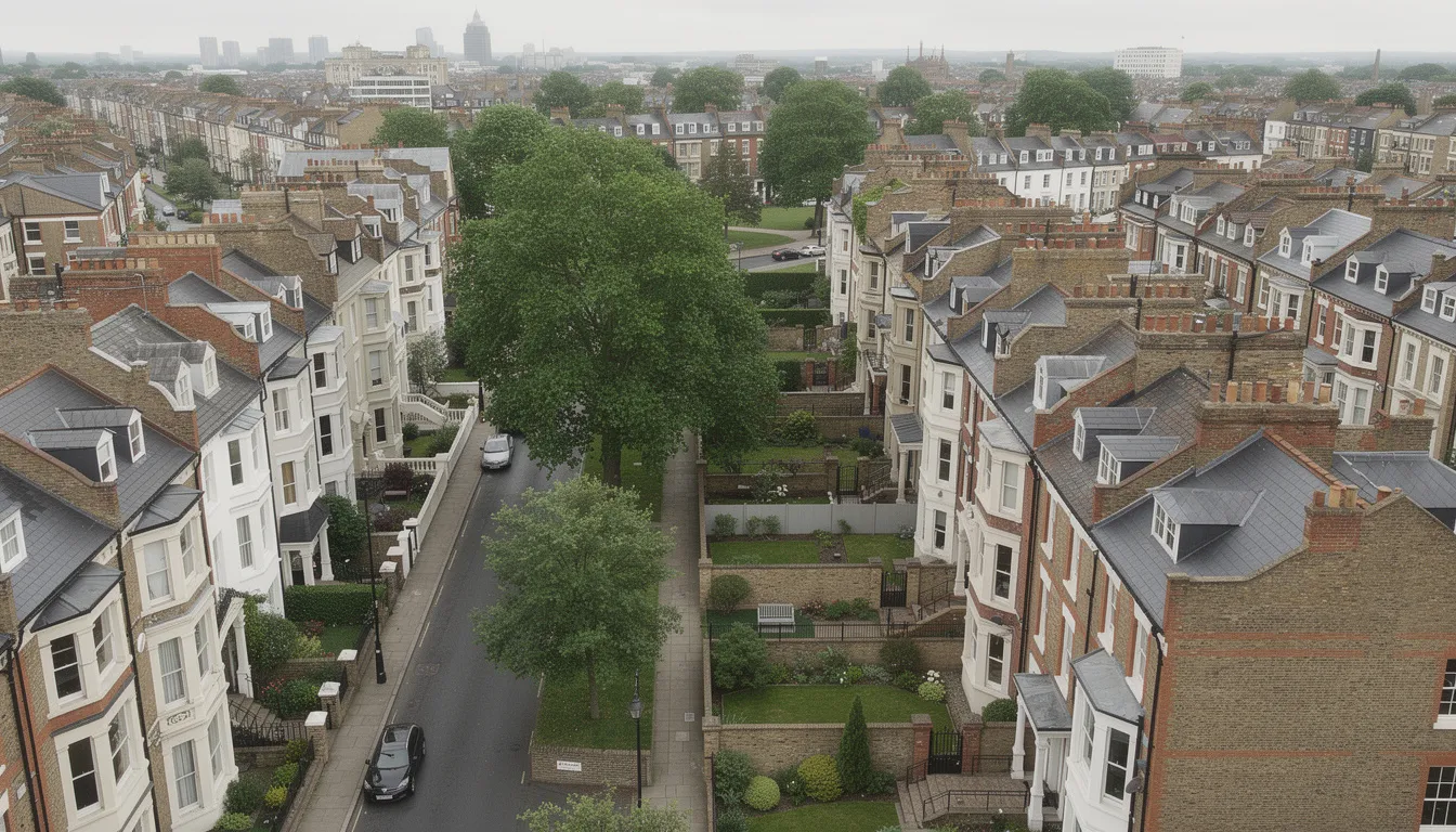 An aerial view showcases traditional London residential streets lined with Victorian and Edwardian terraced houses, reflecting the charm of the city’s architecture. This picturesque scene highlights the potential for equity release options available to homeowners looking to enhance their financial flexibility in retirement.