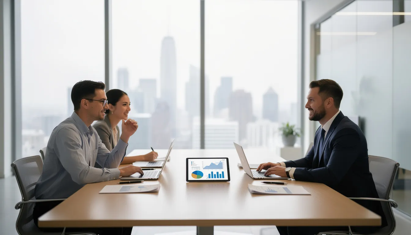 A professional meeting is taking place in a modern office, where a mortgage advisor is discussing mortgage options and financial circumstances with clients. The setting suggests a focus on providing expert advice for first-time buyer mortgages and other mortgage needs.