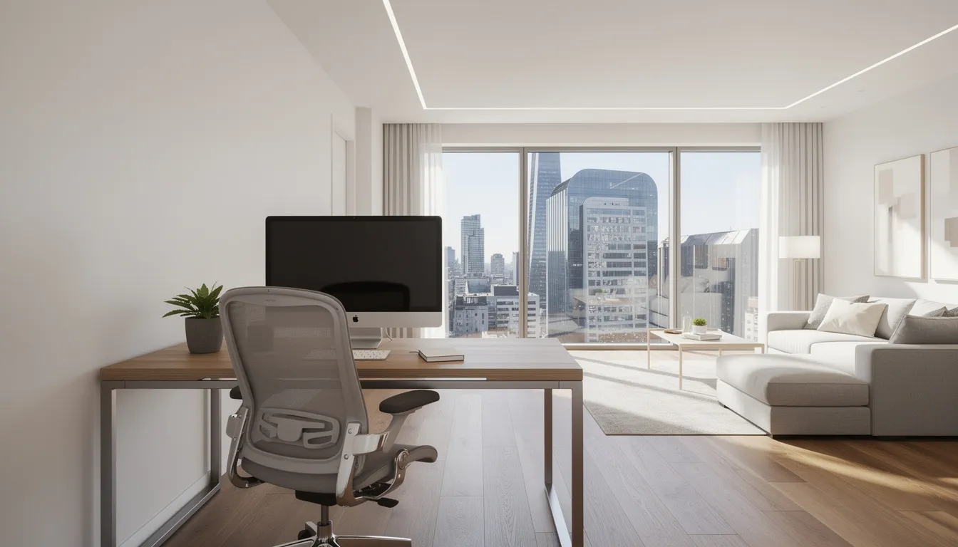 The image depicts a spacious modern apartment interior featuring a well-organized home office setup, large windows offering stunning city views, and contemporary furnishings that reflect the prime central London property market. This inviting space showcases the appeal of urban living for both domestic and international buyers looking to invest in the thriving London property market.