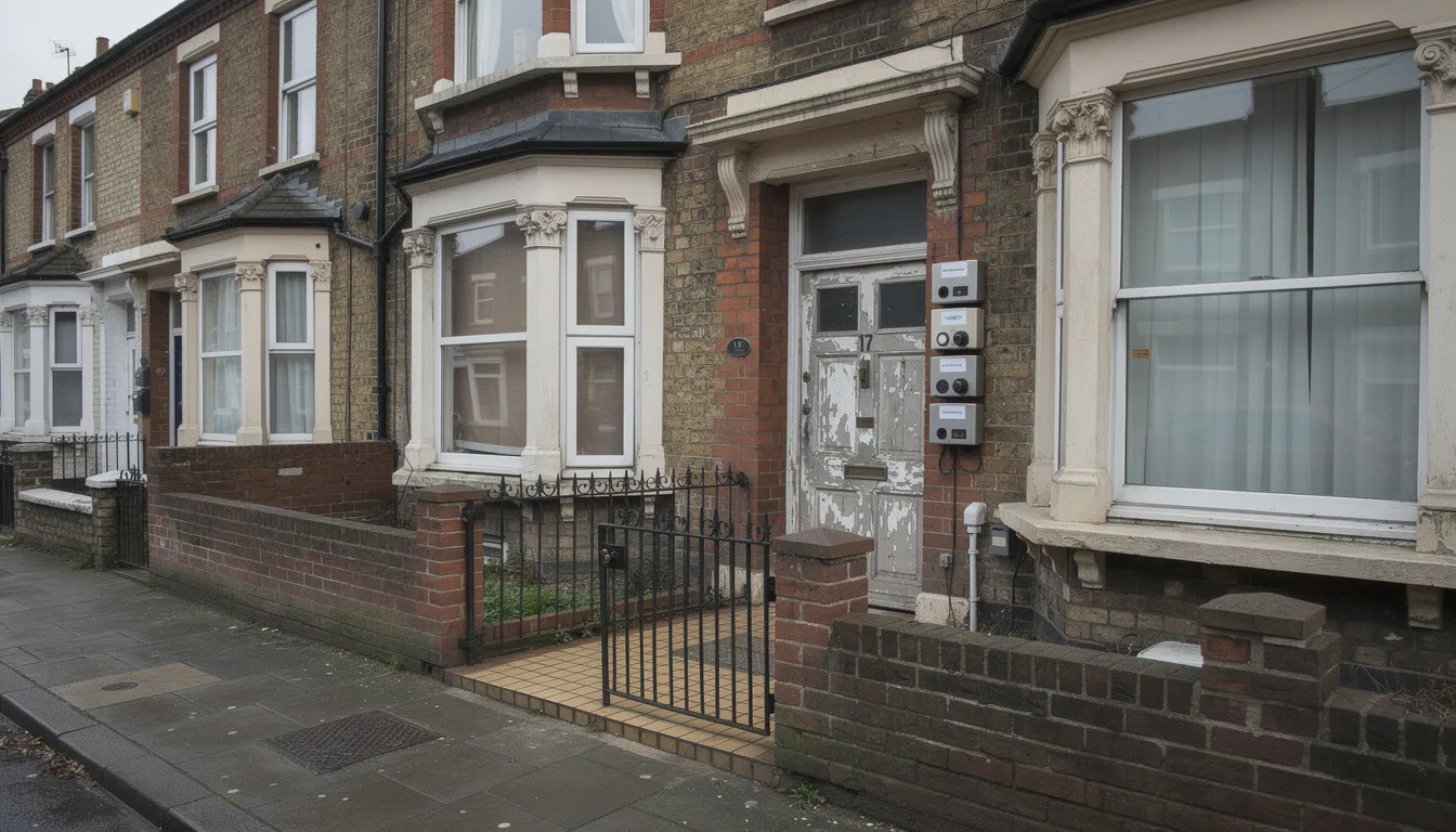 The image depicts a Victorian terraced house that has been converted for multiple occupancy, featuring several doorbells at the entrance, indicating its use as a House in Multiple Occupation (HMO). This property may be of interest to bridging loan lenders looking to finance residential property transactions or investment purposes.