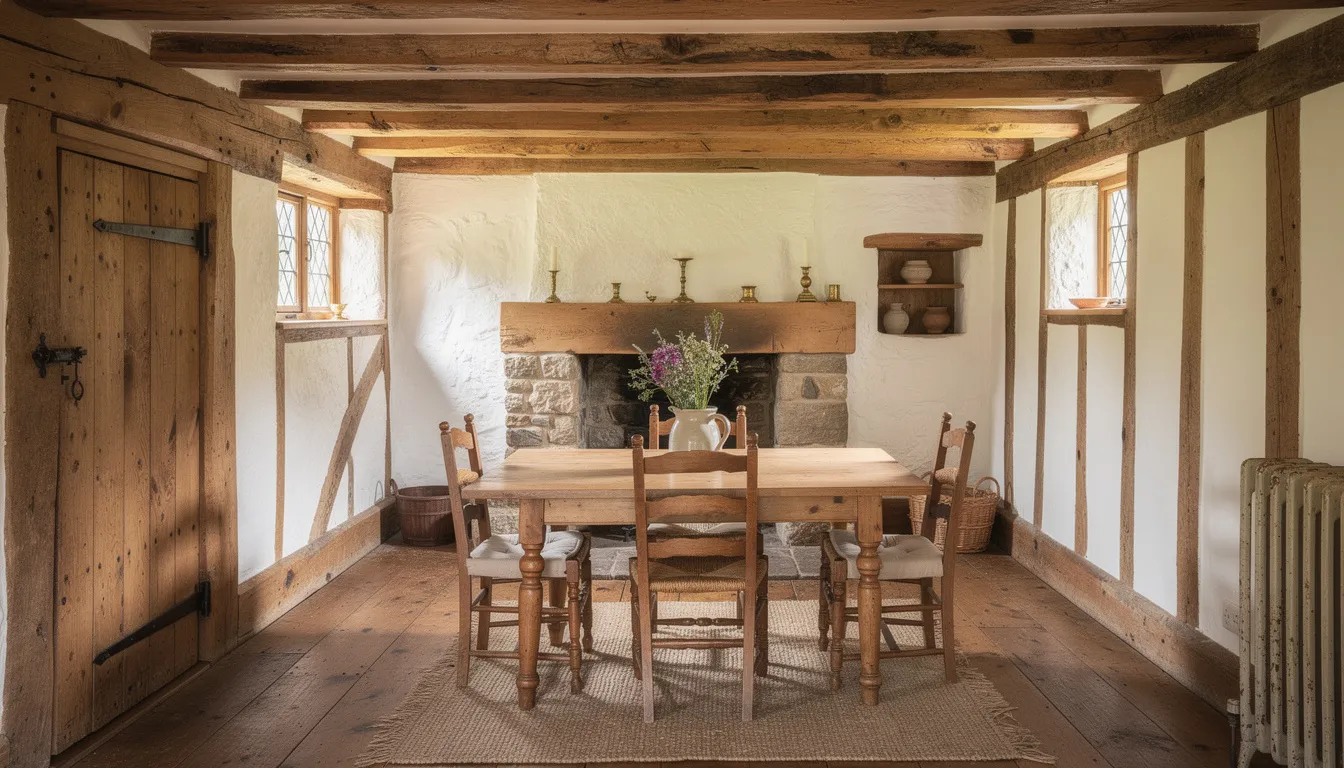 The image depicts the interior of a beautifully restored timber-framed cottage, showcasing exposed oak beams and charming period features that highlight its historical significance. This listed property reflects exceptional interest for those considering mortgages on listed buildings, particularly due to its architectural value and the unique lending criteria associated with such historic homes.