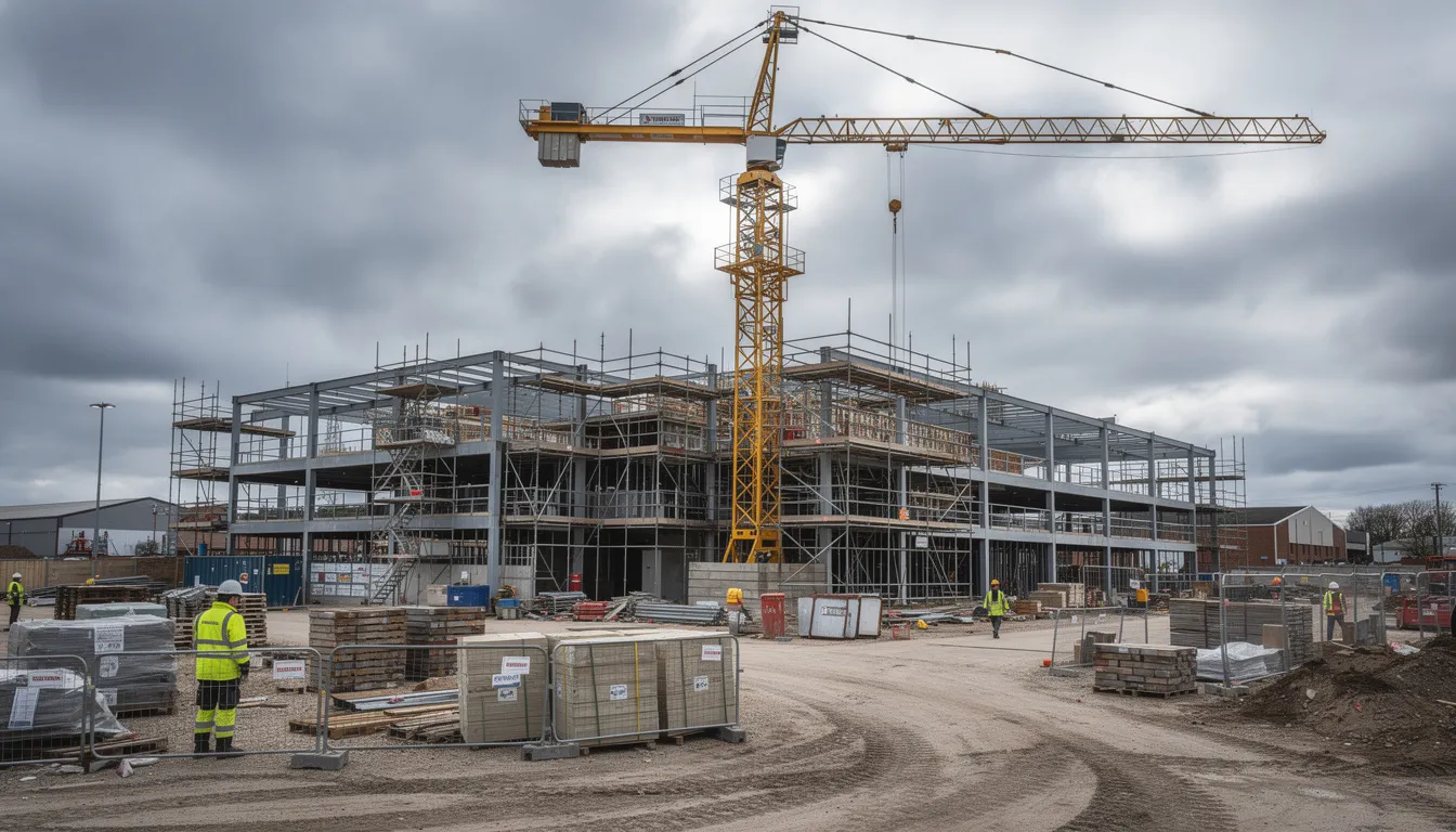 The image depicts a construction site featuring a large crane and a partially completed commercial building, surrounded by scaffolding under a cloudy UK sky. This setting highlights the ongoing development of commercial property, essential for business premises and potential commercial mortgage financing.