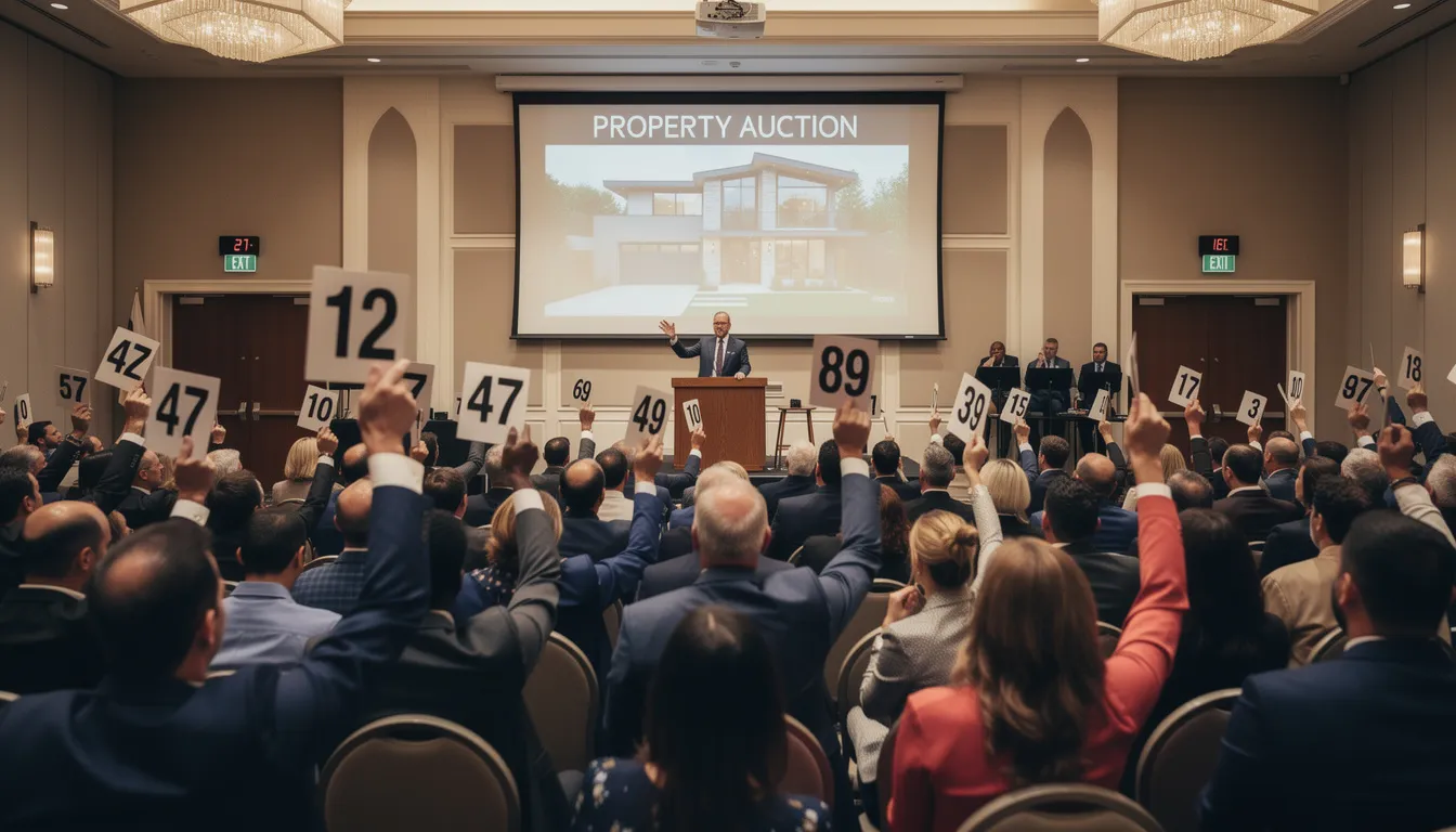 The image depicts an auction room filled with bidders enthusiastically raising numbered paddles during a property sale, highlighting the excitement and competitive nature of property transactions. This scene reflects the bridging finance market, where individuals seek to secure short-term loans for purchasing residential or commercial properties.