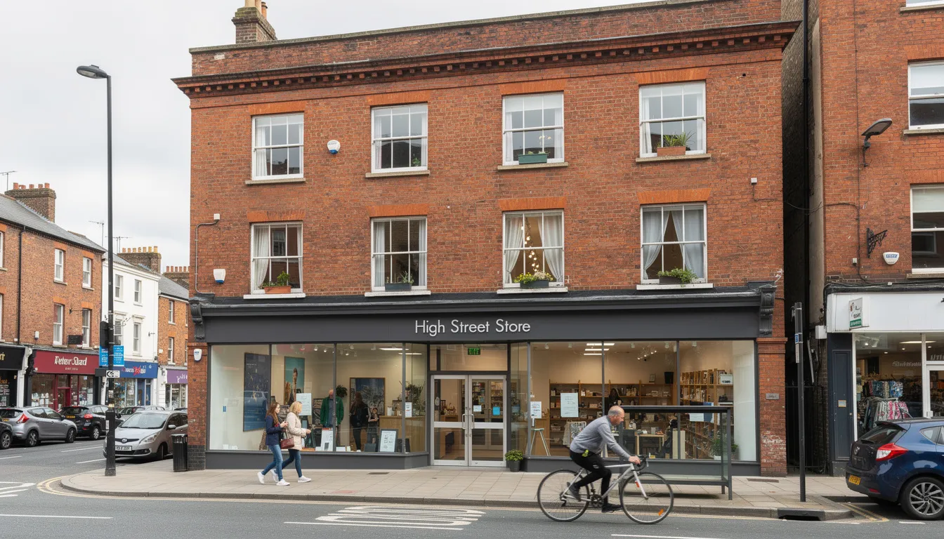 The image depicts a red brick mixed-use building located on a bustling high street in Bristol, featuring shopfronts on the ground floor and residential windows above. This vibrant scene reflects the property market dynamics, where bridging loans and specialist finance options are often essential for property developers and investors involved in time-sensitive transactions.