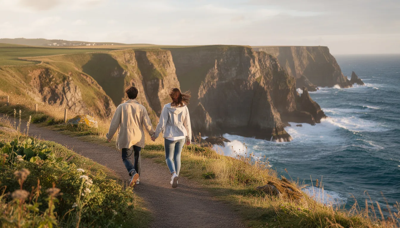 A couple leisurely strolls along a coastal path, flanked by dramatic cliffs on one side and the sparkling sea on the other, evoking a serene atmosphere perfect for those considering a second home or holiday let mortgage. The picturesque scenery highlights the allure of owning a second property by the coast.