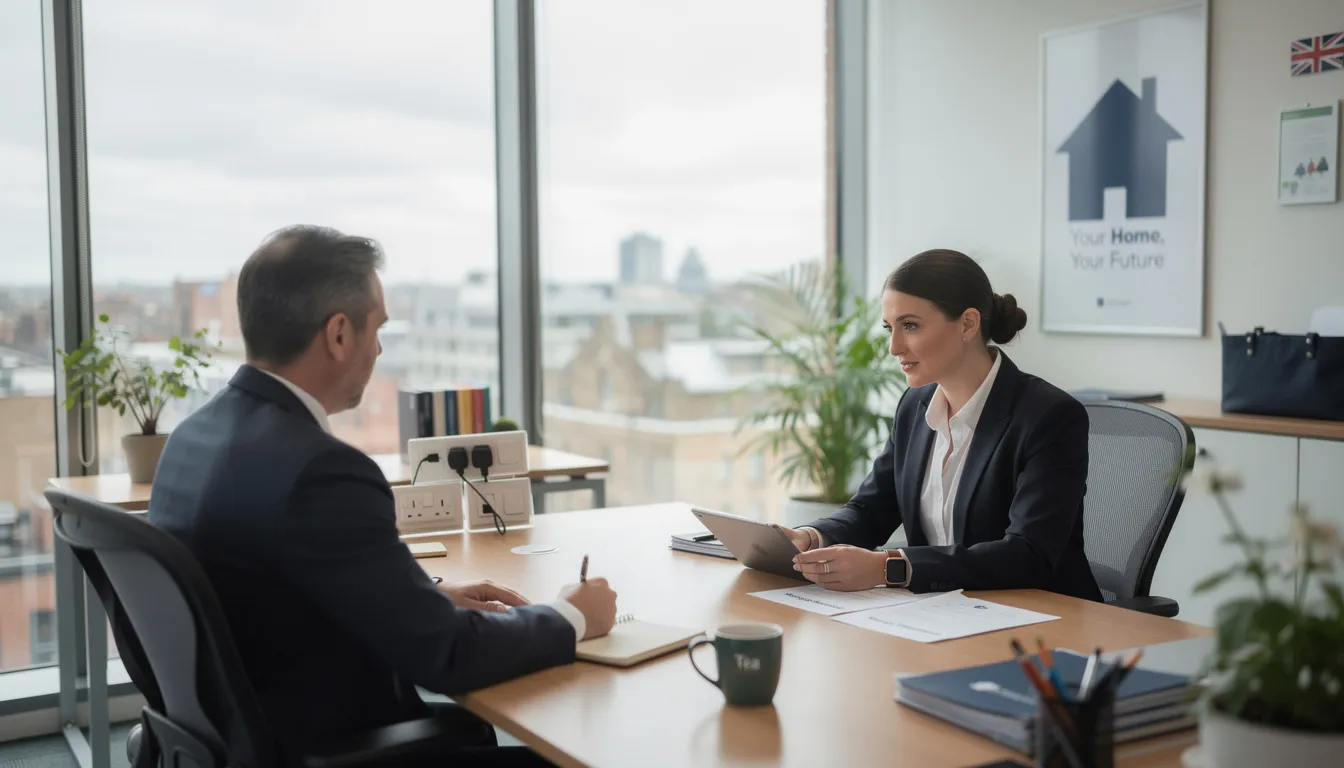 A professional mortgage adviser is seated at a modern desk in a UK office, discussing mortgage options with a client, who appears to be a civil servant. The environment reflects a focus on providing tailored mortgage advice for government employees, highlighting the benefits of secure employment and competitive mortgage schemes available in the UK mortgage market.