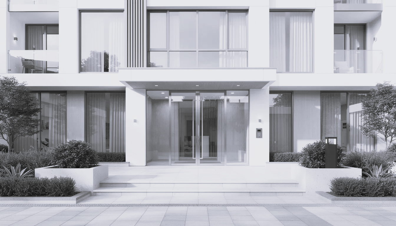 The image depicts a modern apartment building with a sleek exterior characterised by clean lines and a well-maintained communal entrance, suitable for multiple tenants. This multi unit freehold block offers an attractive option for property investors looking to enhance their property portfolio and maximise rental income.