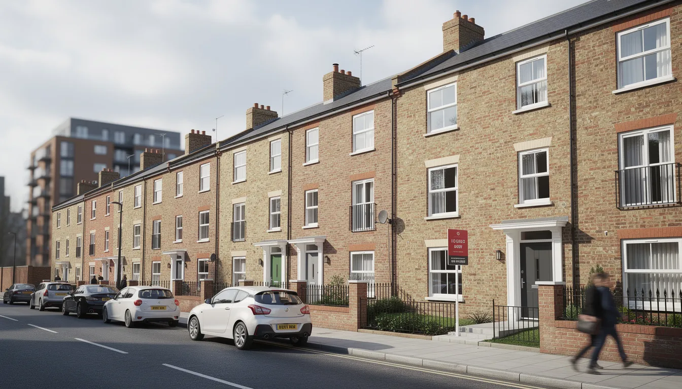 The image depicts a row of modern terrace houses in a UK city, showcasing a typical buy to let portfolio of residential rental properties in 2026. These properties represent the potential for portfolio landlords to generate rental income and expand their property assets through buy to let mortgages.