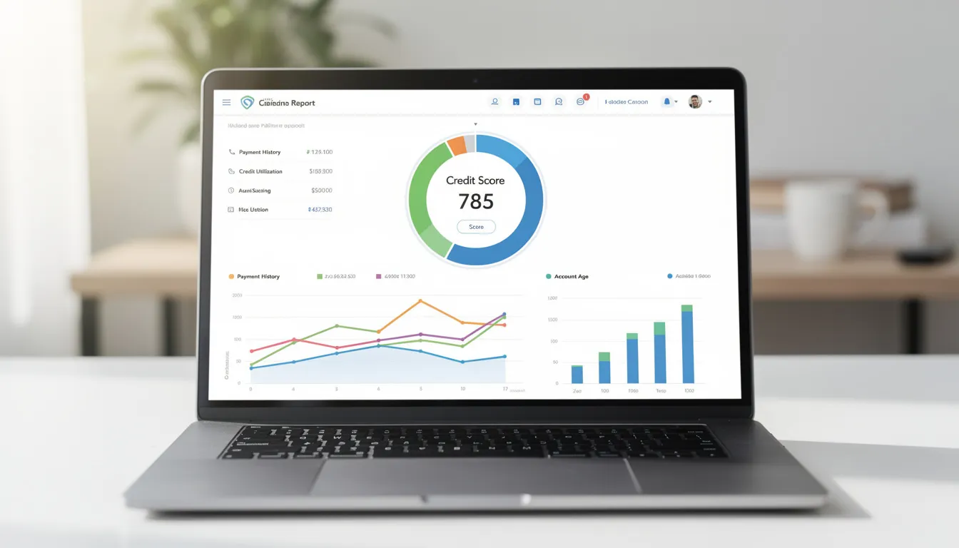 Laptop screen displaying a detailed credit report with graphs and credit score indicators, illustrating the impact of poor credit on mortgage eligibility.