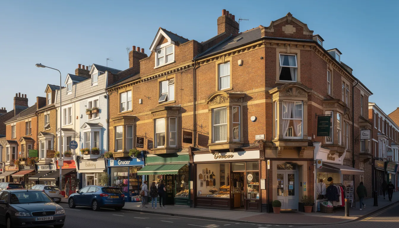 Traditional UK high street with ground floor retail and residential flats above, illustrating mixed-use property typical of semi-commercial mortgages.