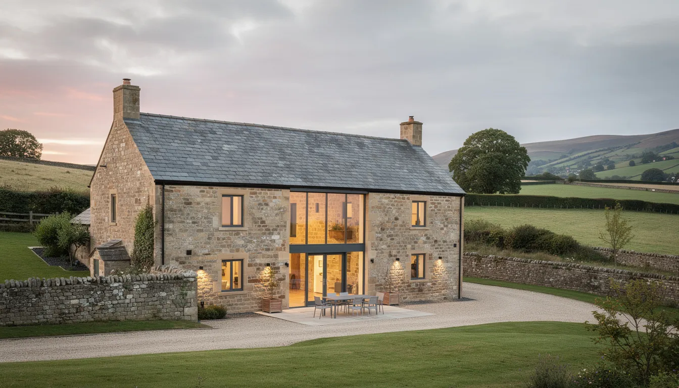 The image depicts a traditional Yorkshire stone barn conversion, featuring large windows that allow natural light to flood the interior, set against a backdrop of rolling countryside. This picturesque property could qualify as a holiday home, making it an attractive option for those interested in holiday let mortgages or rental income opportunities.