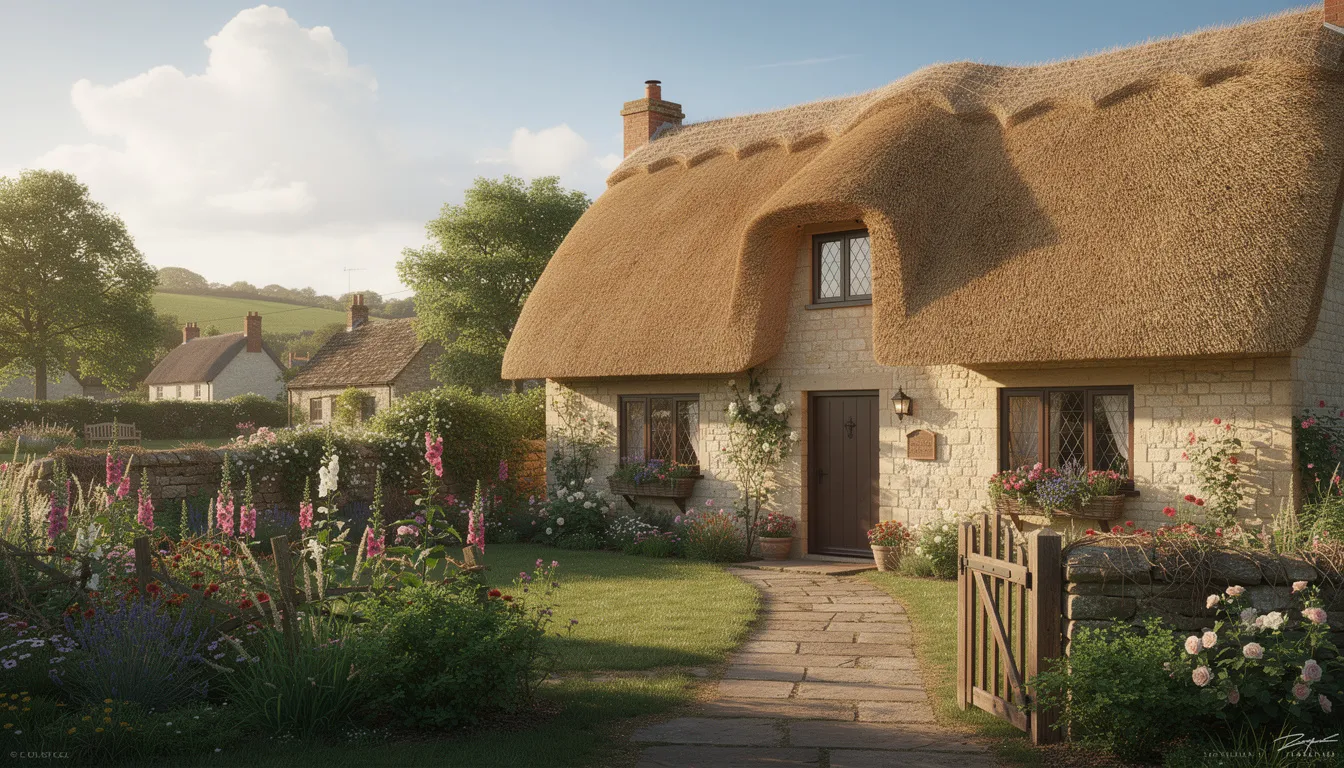 The image depicts a charming traditional English thatched cottage with a well-maintained straw roof, nestled in a picturesque rural village setting. This historic property exemplifies architectural significance and could be of special interest to those considering a mortgage on a listed building.