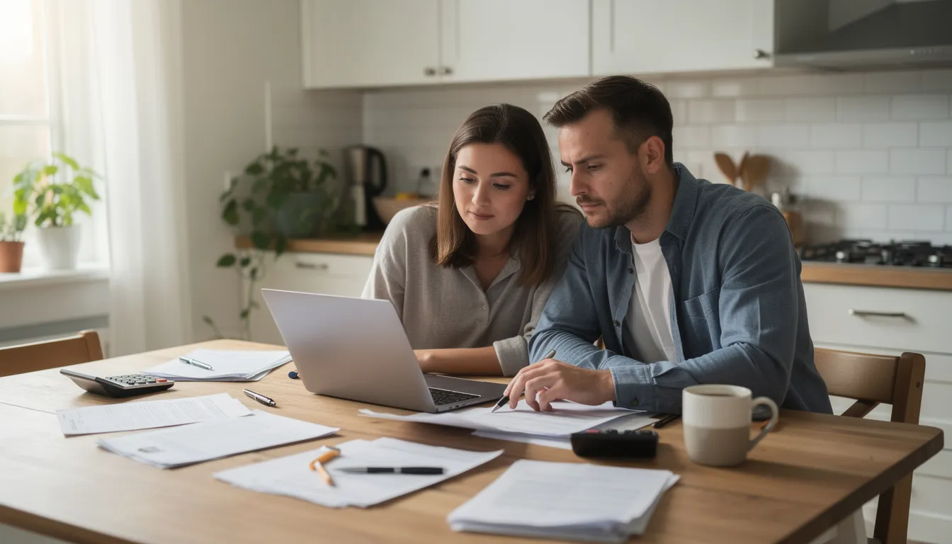A couple is seated at their kitchen table, reviewing paperwork and working on a laptop to assess their financing options for a house extension project. They appear focused on understanding their existing mortgage, potential personal loans, and the costs associated with home improvement to ensure careful planning for their financial situation.
