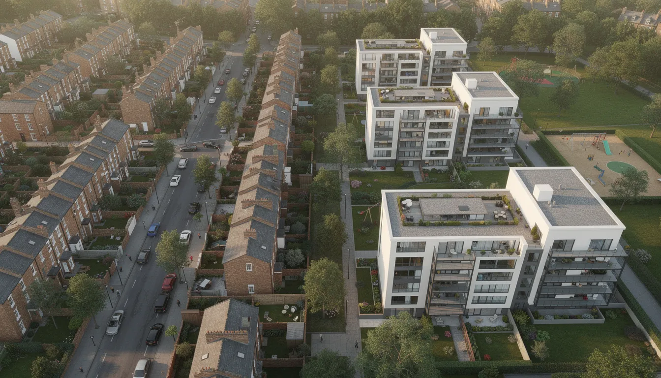 An aerial view captures a mixed residential neighborhood featuring a blend of terraced houses and modern apartment blocks, showcasing various property types that appeal to both portfolio landlords and property investors. This vibrant area reflects the dynamics of the buy to let market, where rental income and property investment opportunities abound.