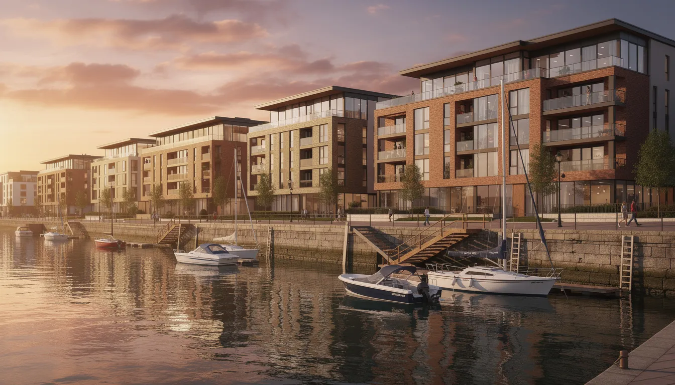 The image depicts modern waterfront apartments at Bristol Harbourside during the golden hour, with boats gently floating on the water of the Floating Harbour. This picturesque scene highlights the vibrant property market in Bristol, where residential properties are often financed through bridging loans for time-sensitive transactions.