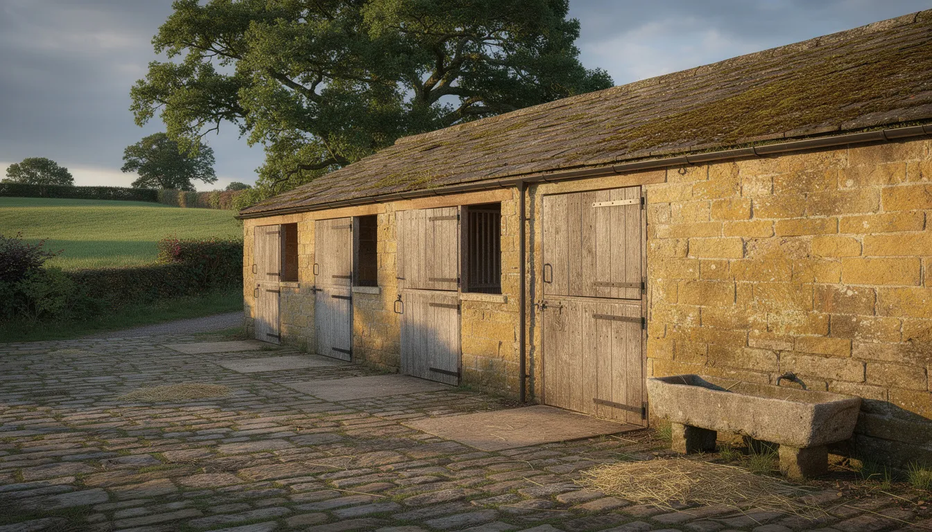 The image depicts a traditional stone-built stable block with wooden doors, set in a cobblestone courtyard surrounded by the lush greenery of the English countryside. This equestrian property features key elements for horse owners, making it an ideal setting for equestrian activities and potential business opportunities in the rural property markets.