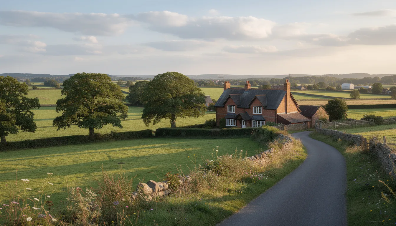 The image depicts the picturesque Hertfordshire countryside, showcasing traditional English homes nestled among lush green fields. This serene landscape reflects the charm of rural living, where one might consider various mortgage options, including interest-only mortgages for their financial planning.