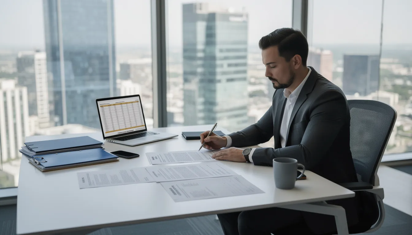 A professional accountant at a modern desk reviewing mortgage documents with city skyline visible through office windows.