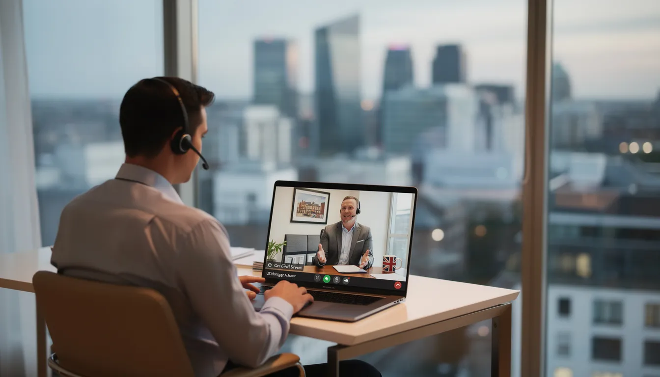 A civil servant is engaged in a video call from an overseas city, discussing mortgage options with a UK mortgage adviser. The conversation focuses on securing a mortgage deal that accommodates the unique financial situations of government employees, emphasizing the benefits of civil servant mortgages and the entire mortgage process.