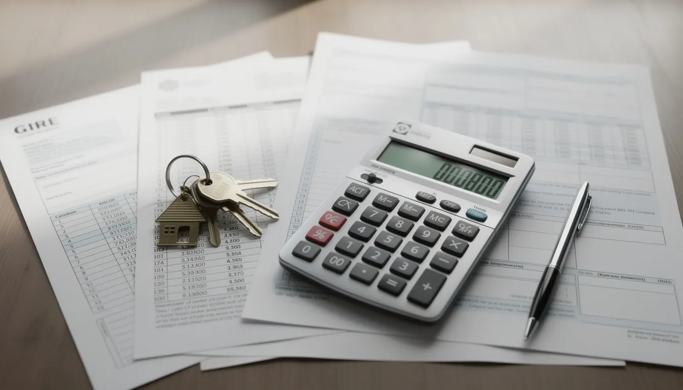 The image shows a calculator and a set of house keys placed on a table alongside various financial documents, including a credit report and a tax year overview. This setup suggests a focus on self employed mortgages, highlighting the importance of income evidence and one year's accounts for self employed individuals seeking mortgage advice.