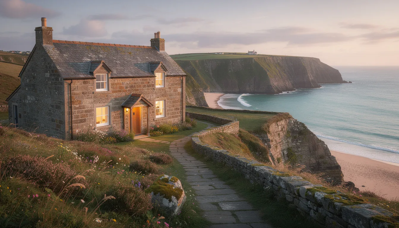 A picturesque coastal holiday cottage in Cornwall features traditional stone walls and offers stunning sea views in the background, making it an ideal setting for a furnished holiday let. This charming property is perfect for those interested in holiday home mortgages or generating seasonal rental income.