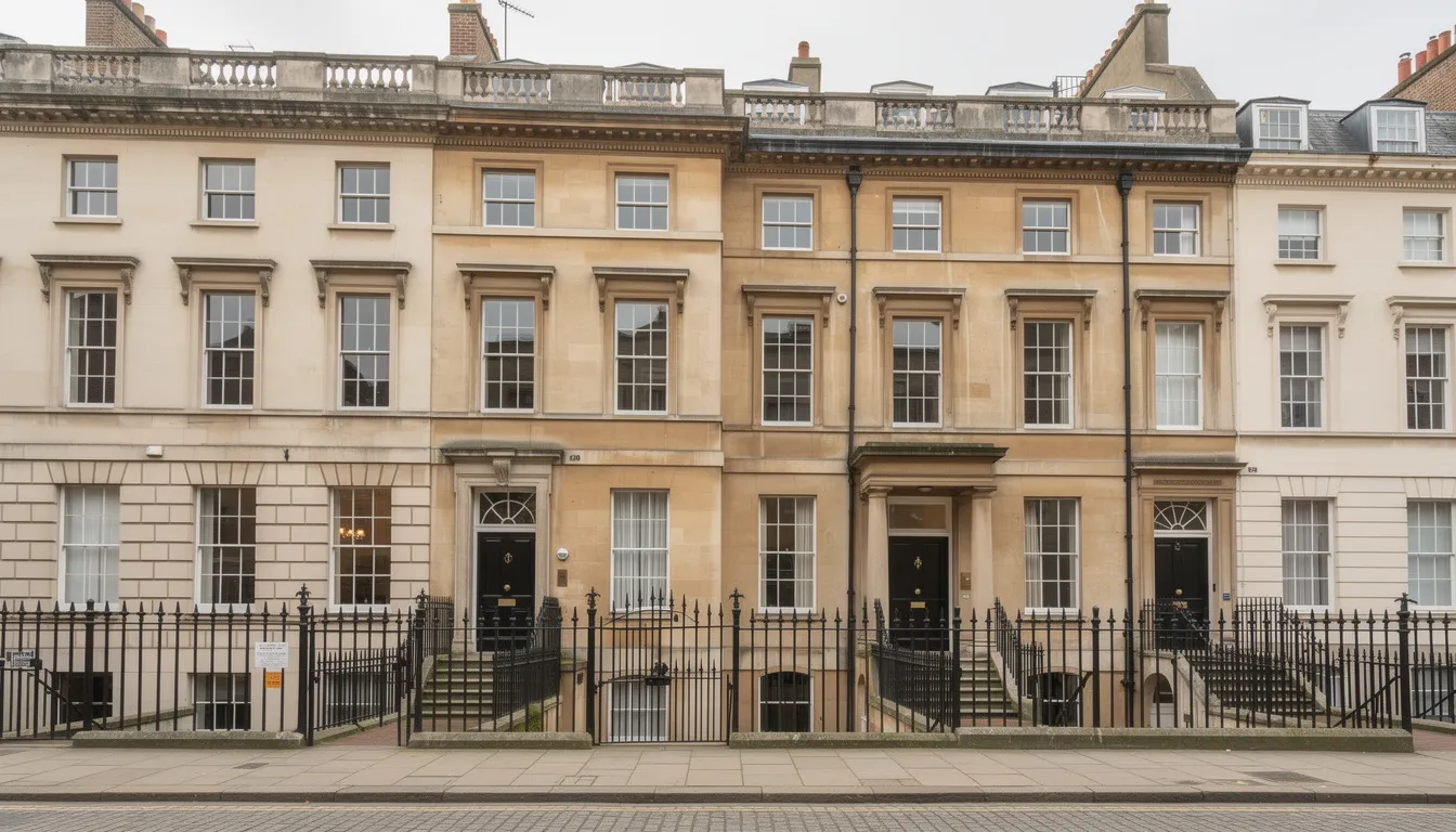 The image depicts the exterior of a Grade II listed Georgian terrace, showcasing its elegant period features, including intricate iron railings and symmetrical windows. This historic building, of national importance, reflects architectural significance and is subject to strict regulations regarding its preservation and maintenance.