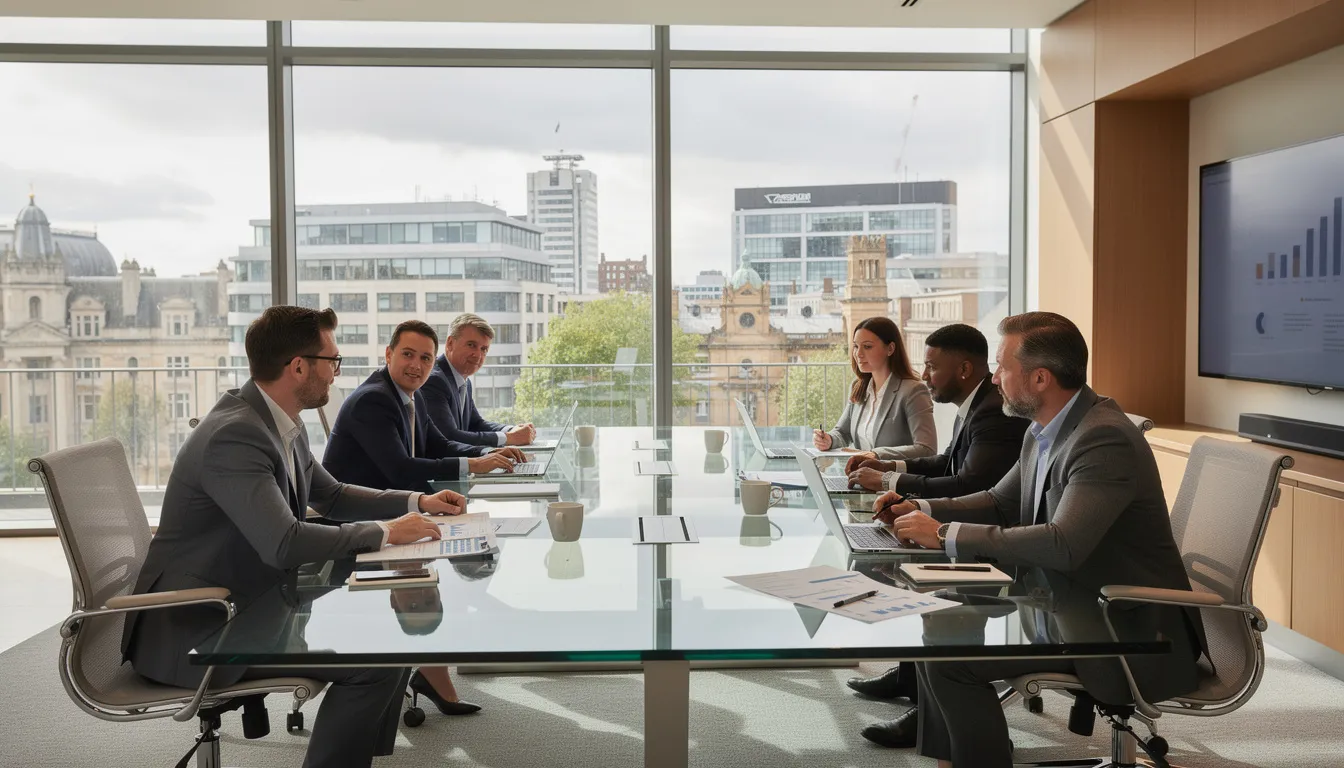 The image depicts a modern professional office meeting room where advisers and clients are engaged in reviewing documents around a sleek conference table, with large windows providing a panoramic view of a UK cityscape. This setting reflects a collaborative atmosphere focused on discussions related to commercial property finance and business loans.
