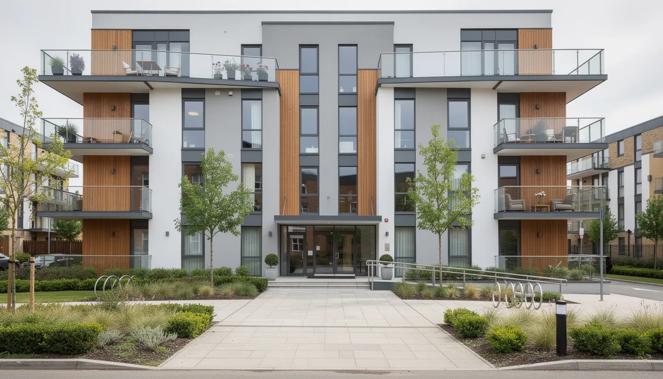 The image depicts a modern, purpose-built block of residential flats featuring multiple self-contained units, each with its own balcony, surrounded by a landscaped entrance. This multi unit freehold property is ideal for property investors seeking to enhance their property portfolio and maximise rental income.