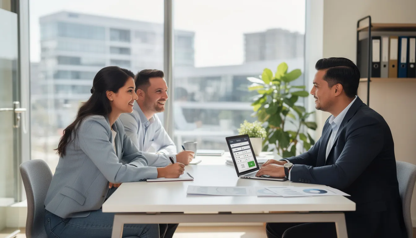 A mortgage advisor is seated at a modern office table with clients, discussing options for self employed mortgages. They are reviewing credit reports and tax year overviews to help the clients understand their financial situation and how to get a mortgage with just one year's accounts.