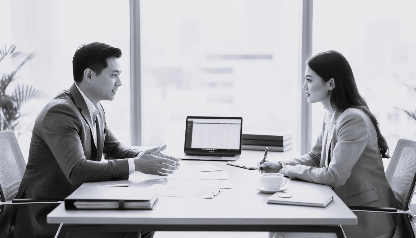 The image depicts a professional meeting between a mortgage broker and a client in a modern office, with documents and a laptop on the table, emphasising discussions around multi unit freehold blocks and mortgage options for property investors. The setting reflects a focus on financial strategies for managing multiple units and enhancing rental income through effective mortgage solutions.