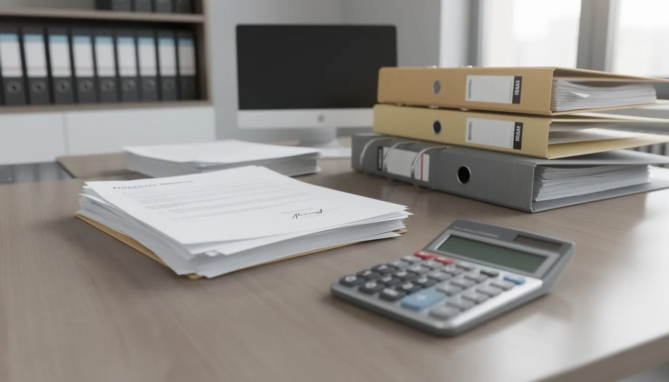 The image features a stack of property documents and folders alongside a calculator on an office desk, representing the organized workspace of a professional landlord. This setup may include important materials related to buy to let mortgages and property investment, essential for managing rental income and a property portfolio.