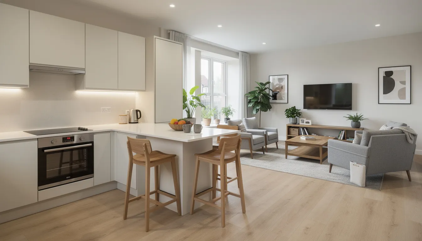 Interior of a renovated House in Multiple Occupation (HMO) with a modern communal kitchen and living area, representing properties financed by bad credit borrowers.