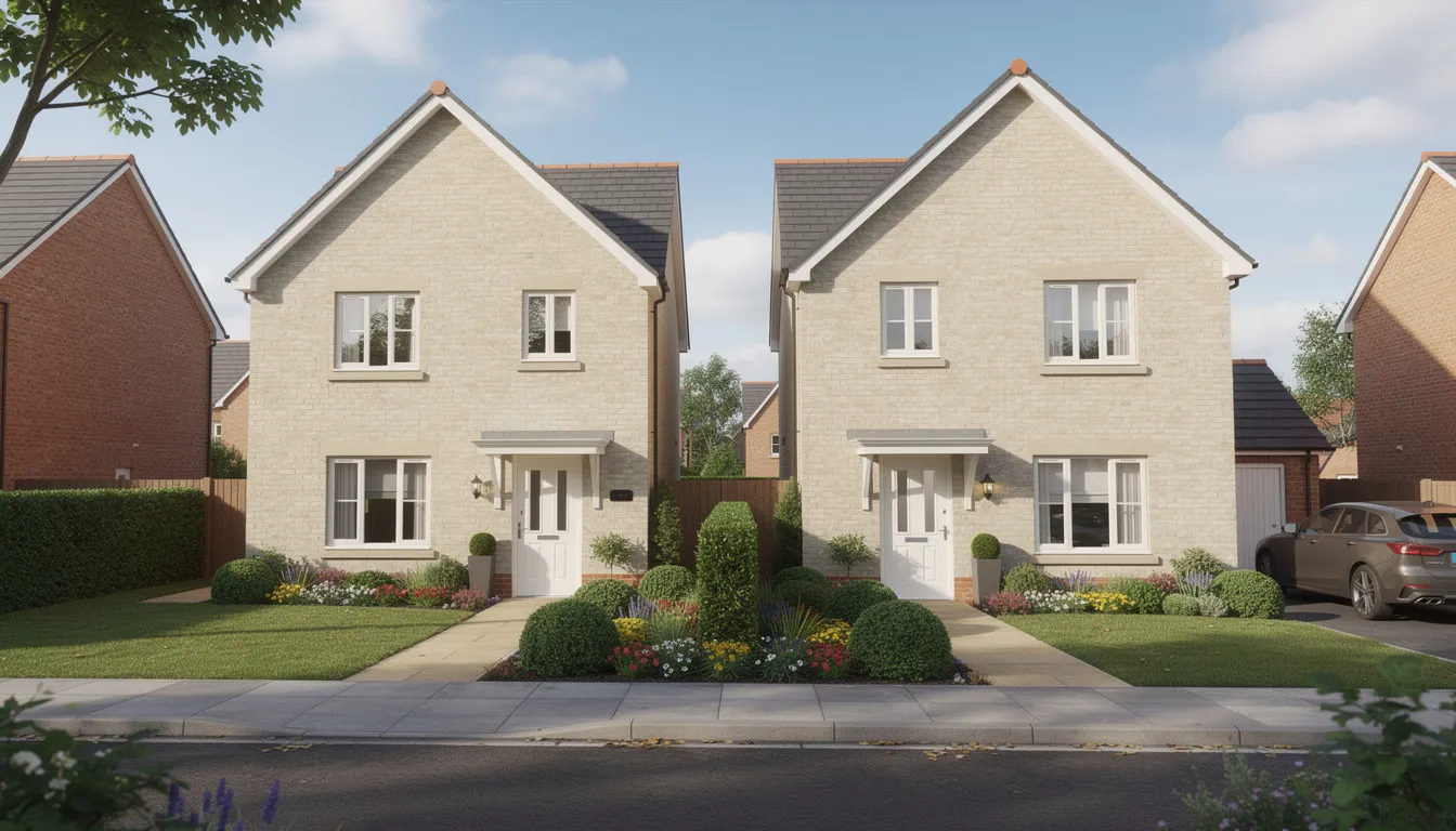 Exterior of a semi-detached family home with a well-maintained front garden, illustrating typical properties for bad credit mortgage applicants.
