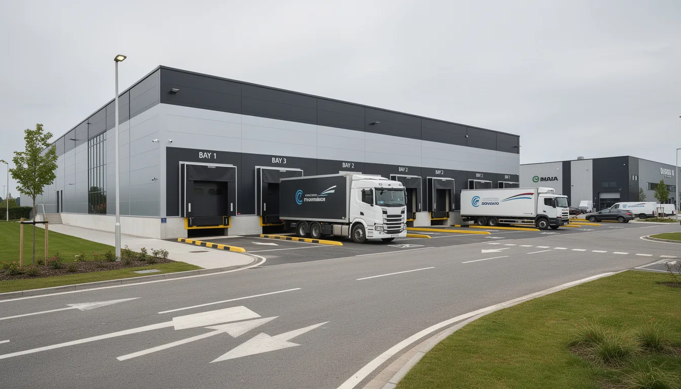 The image depicts a large industrial warehouse with multiple loading bays, surrounded by HGV lorries in a modern UK business park. This setting highlights the importance of commercial property for businesses, showcasing facilities that cater to logistics and distribution needs.
