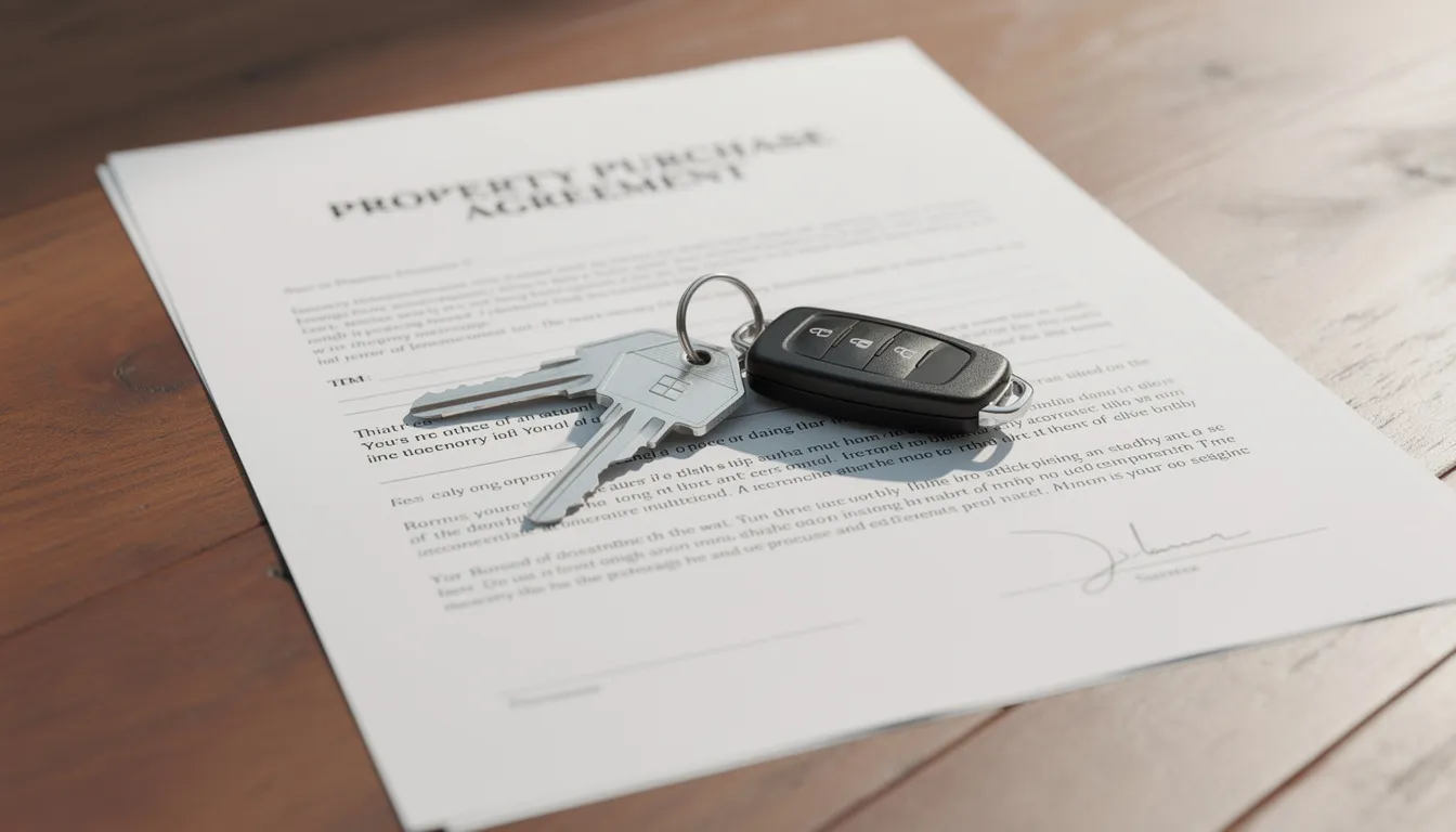 A set of house keys is placed on top of a property contract document, which lies on a wooden table, symbolizing the process of securing finance for property transactions. This image reflects the importance of bridging loans in facilitating quick property purchases and managing existing mortgages.