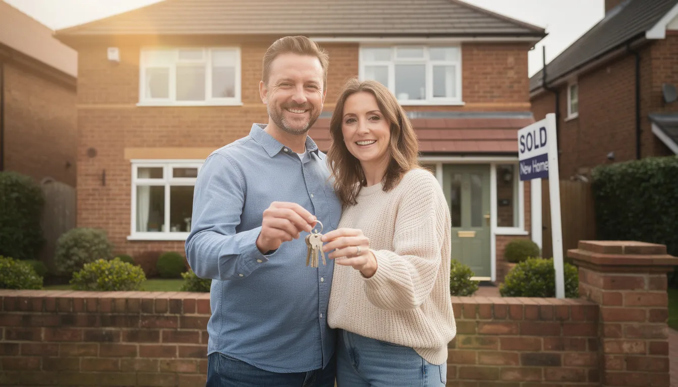 A happy couple stands proudly in front of their new home in the UK, holding house keys on completion day. This moment signifies their successful property purchase, often made possible through bridging finance options that help secure short-term loans for property transactions.